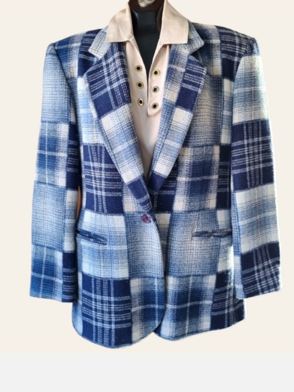 100% Wool Vintage 80s 90s Blue & Cream Patchwork Plaid Oversized Blazer Size M